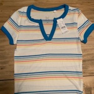 white top with multicolored stripes